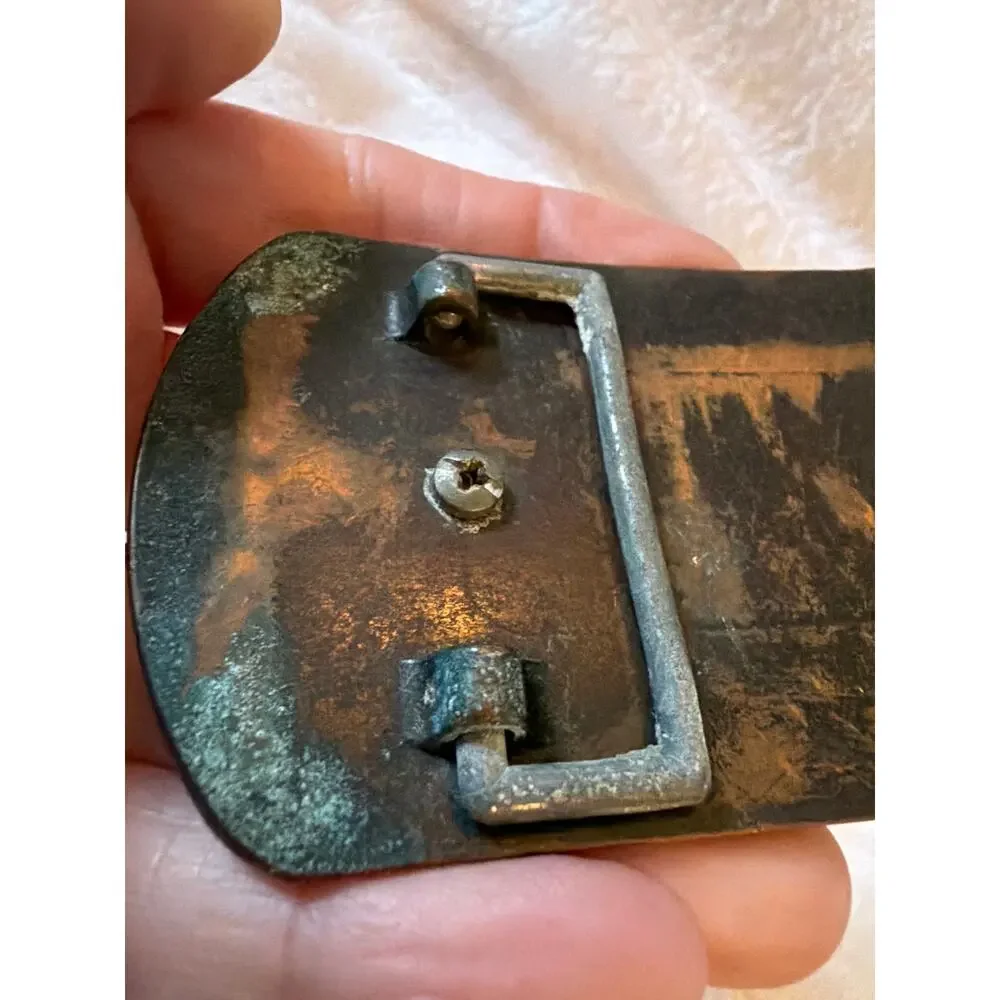 Vintage Western Belt Buckle Natural Agate Stone Scroll Engraved Brass Tone